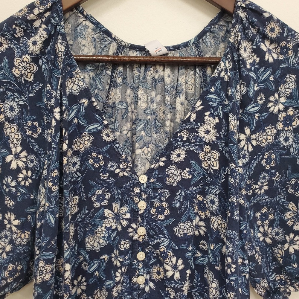 Old Navy Womens Blue Floral Tiered Boho Maxi Dress Size L Puff Sleeve Button - Picture 3 of 13